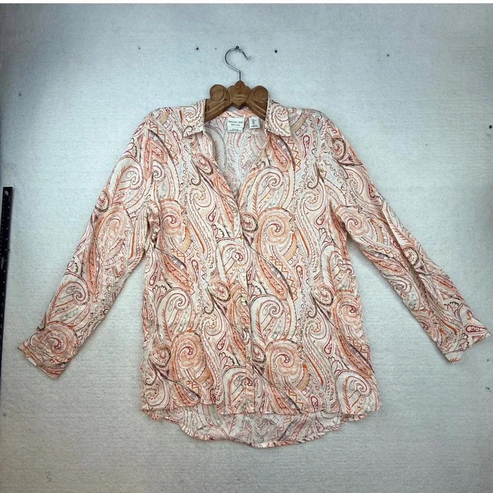 Rachel Zoe Womens Orange Paisley 100% Linen Shirt L European 70s style earthy - Picture 2 of 8